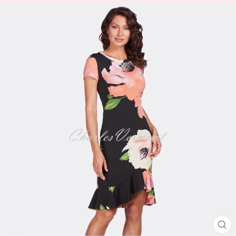 Frank Lyman Design Black Dress with Pink Floral Pattern